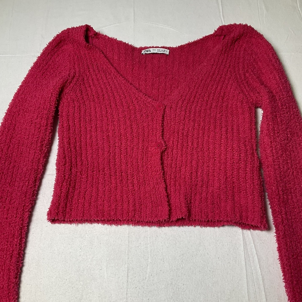 Zara Women Sz S Pink Long Sleeve Cropped Ridged Cardigan Casual Warm 531
